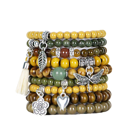 Beaded Bracelets Set of 9 Stretch Bracelets Bohemian Themed