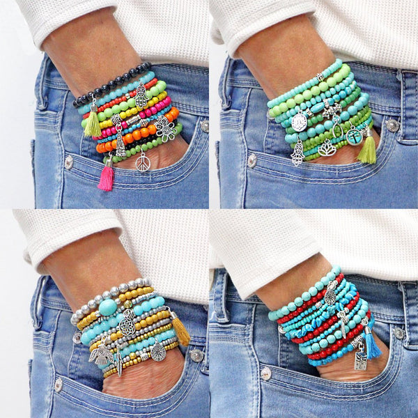 Beaded Bracelets Set of 9 Stretch Bracelets Bohemian Themed