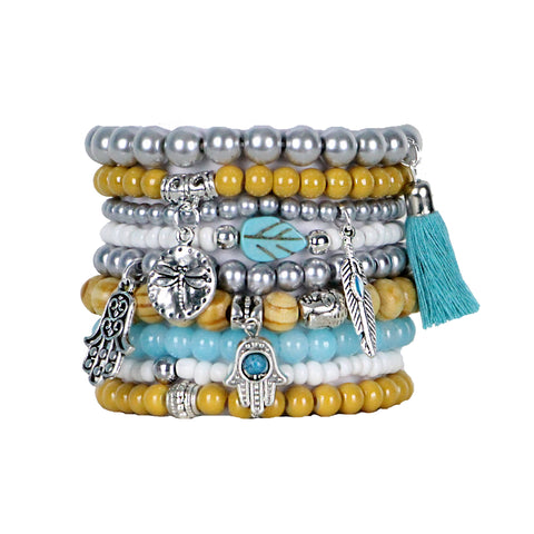 Beaded Bracelets Set of 9 Stretch Bracelets Bohemian Themed