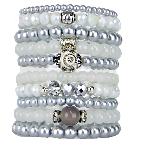 Beaded Bracelets Set of 10 Stretch Bracelets Multi Layer Stunning White and Grey Tones