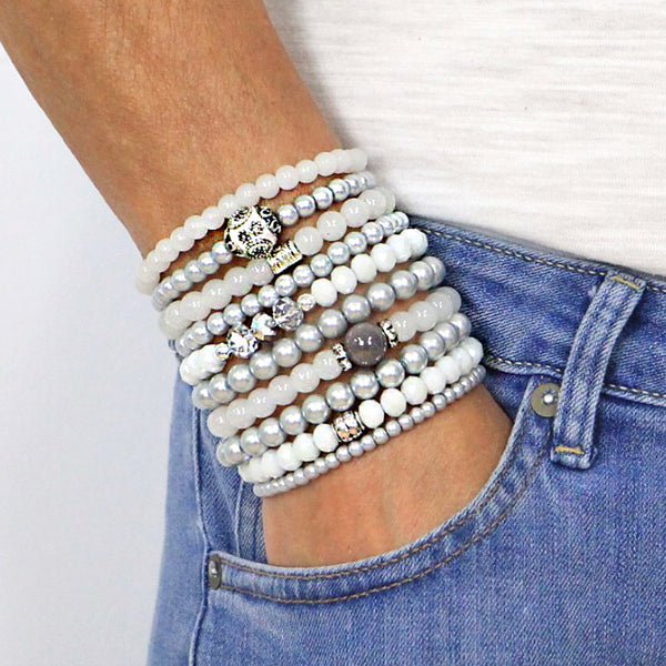 Beaded Bracelets Set of 10 Stretch Bracelets Multi Layer Stunning White and Grey Tones