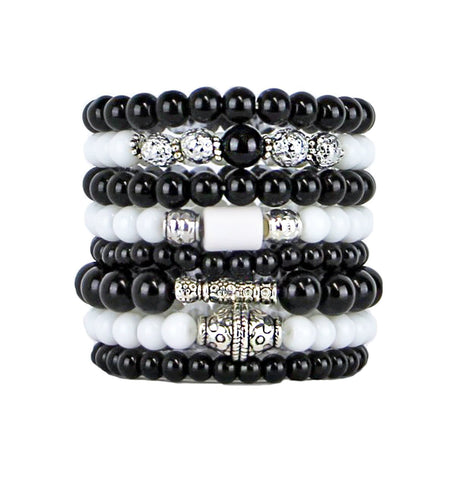 Stacking Bracelets Set of 8 Beaded Stretch Bracelets Classic Black and White Tones