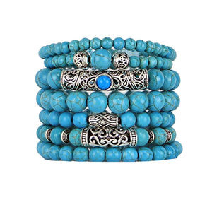 Beaded Bracelets Set of 7 Stretch Bracelets Turquoise Tones