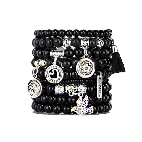 Beaded Bracelets Set of 9 Stretch Bracelets Stack with Silver Tone Charms