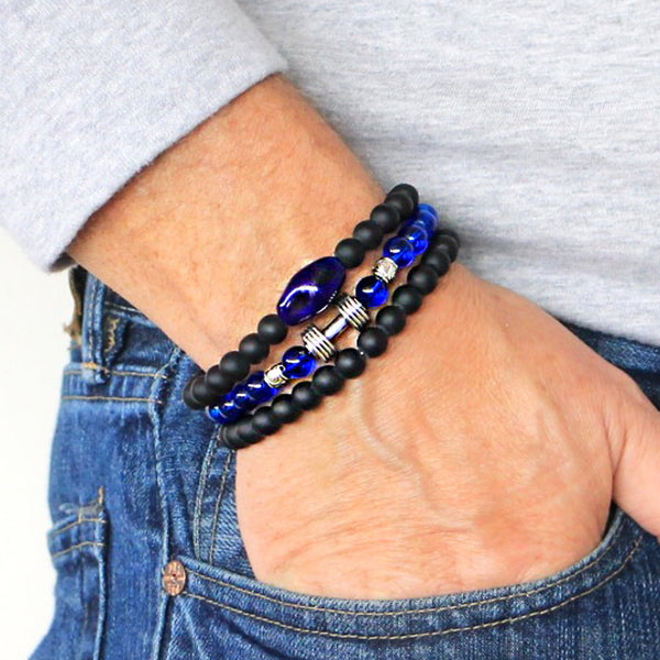 Men's Bracelets Set of 3 Beaded Stretch Bracelets Stack Blues and Black - M2