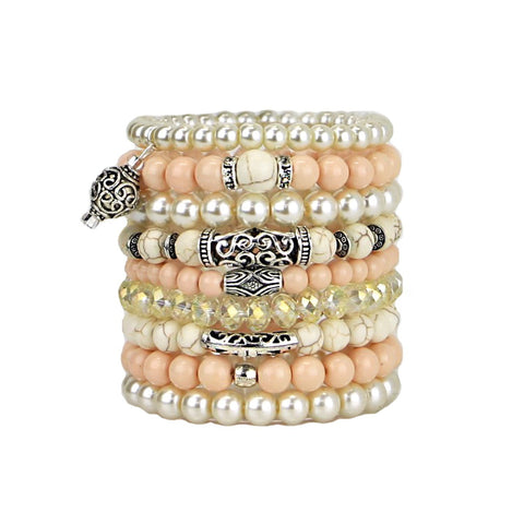 Stacking Bracelets Set of 9 Beaded Bracelets Shades of Cream and Peach